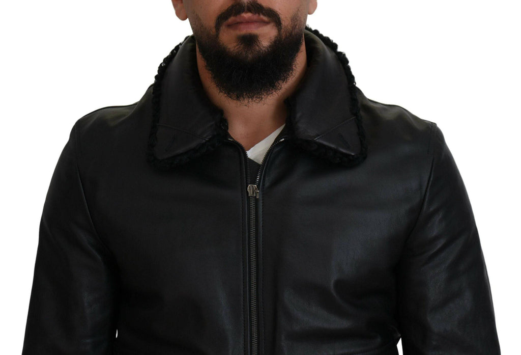 Manteau pour homme en cuir d'agneau noir avec col en laine, signé Dolce & Gabbana, élégant et sophistiqué.