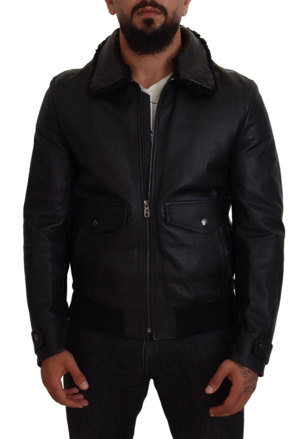 Manteau pour homme en cuir d'agneau noir avec col Dolce & Gabbana, veste élégante en cuir pour homme
