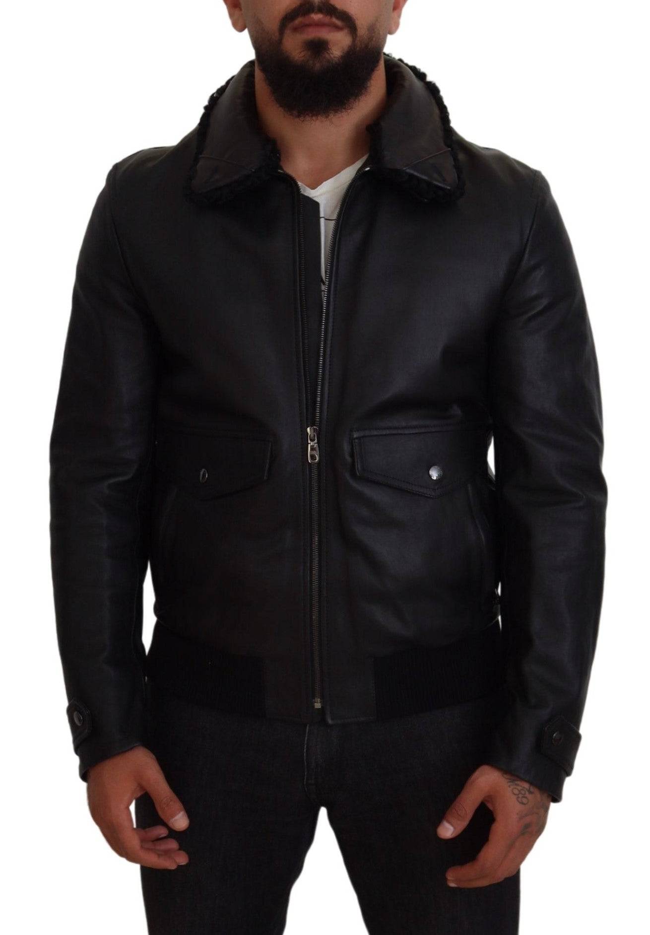 Manteau pour homme en cuir d'agneau noir avec col Dolce & Gabbana, veste élégante en cuir pour homme