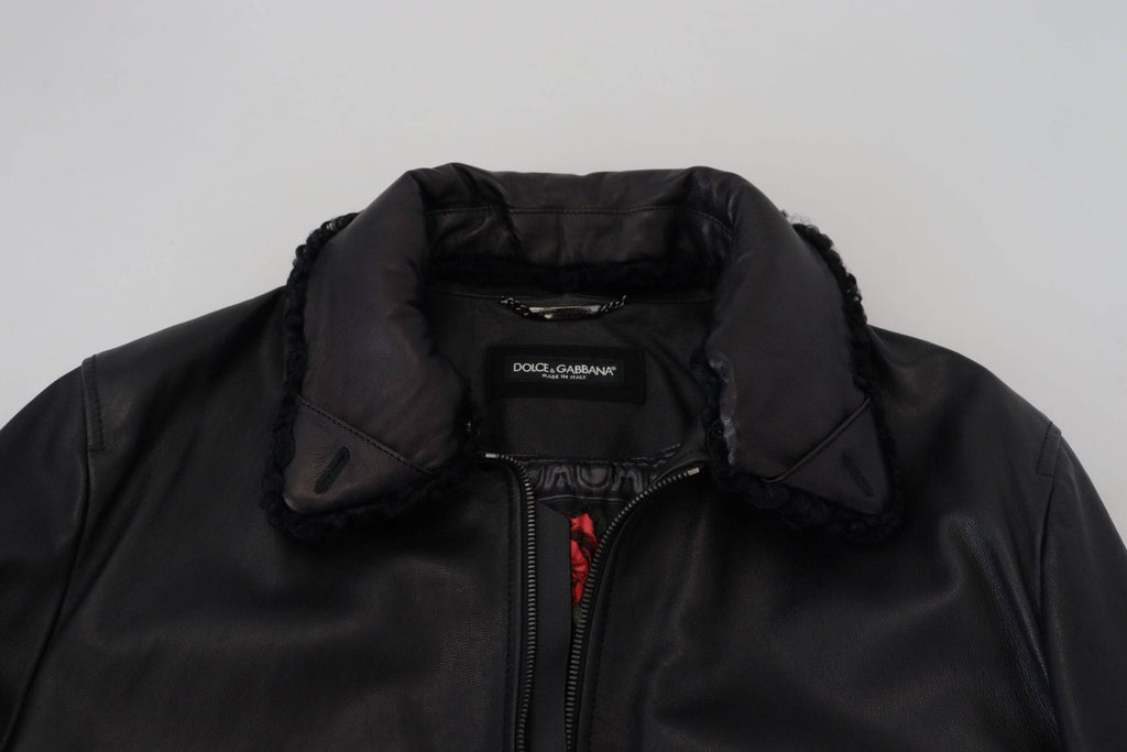 Manteau homme Dolce & Gabbana en cuir d'agneau noir avec col, veste élégante et sophistiquée, vue de face.