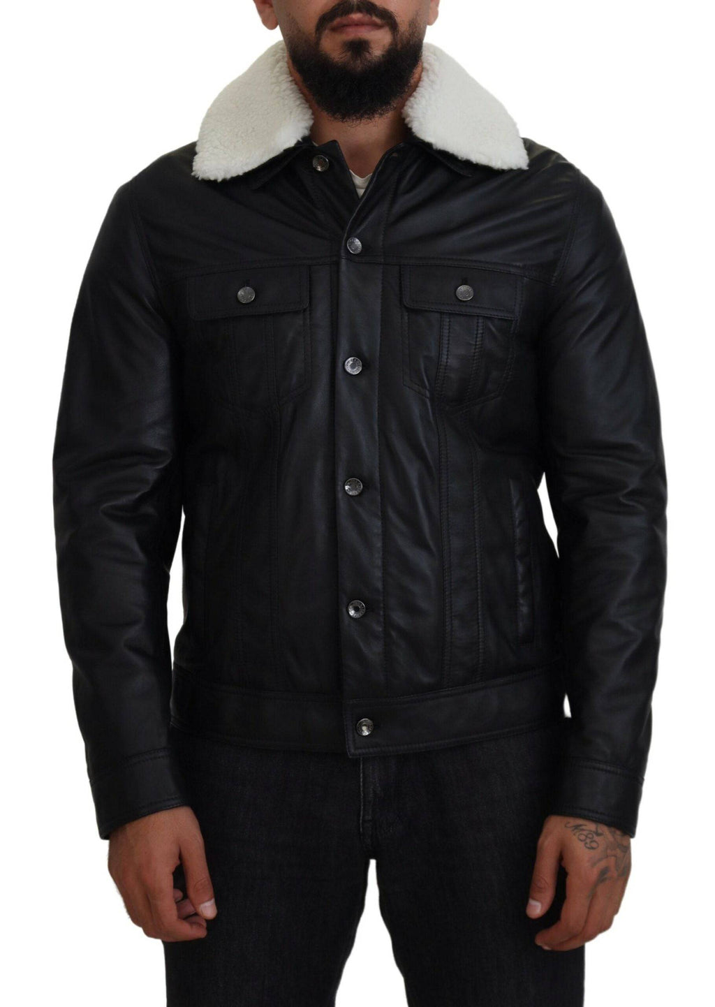 Manteau pour homme Dolce & Gabbana en cuir d'agneau noir avec col, veste élégante et sophistiquée.