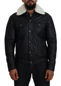 Manteau pour homme Dolce & Gabbana en cuir d'agneau noir avec col, veste élégante et sophistiquée.