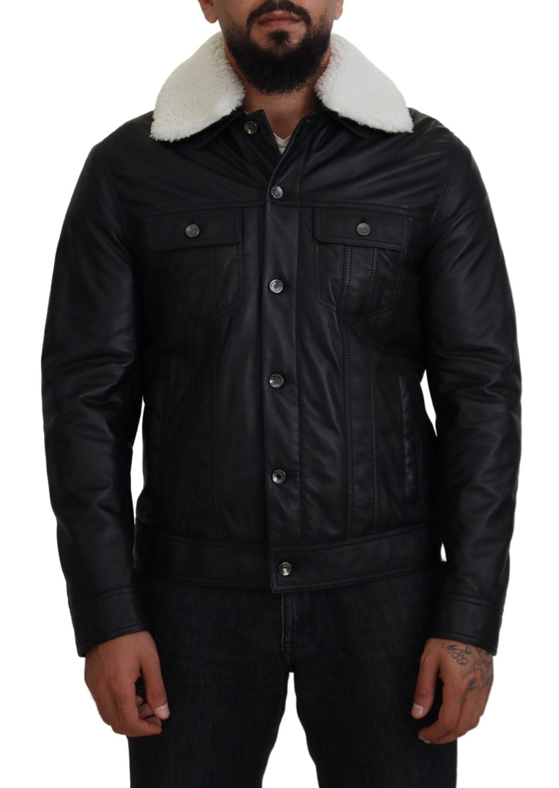 Manteau pour homme Dolce & Gabbana en cuir d'agneau noir avec col, veste élégante et sophistiquée.