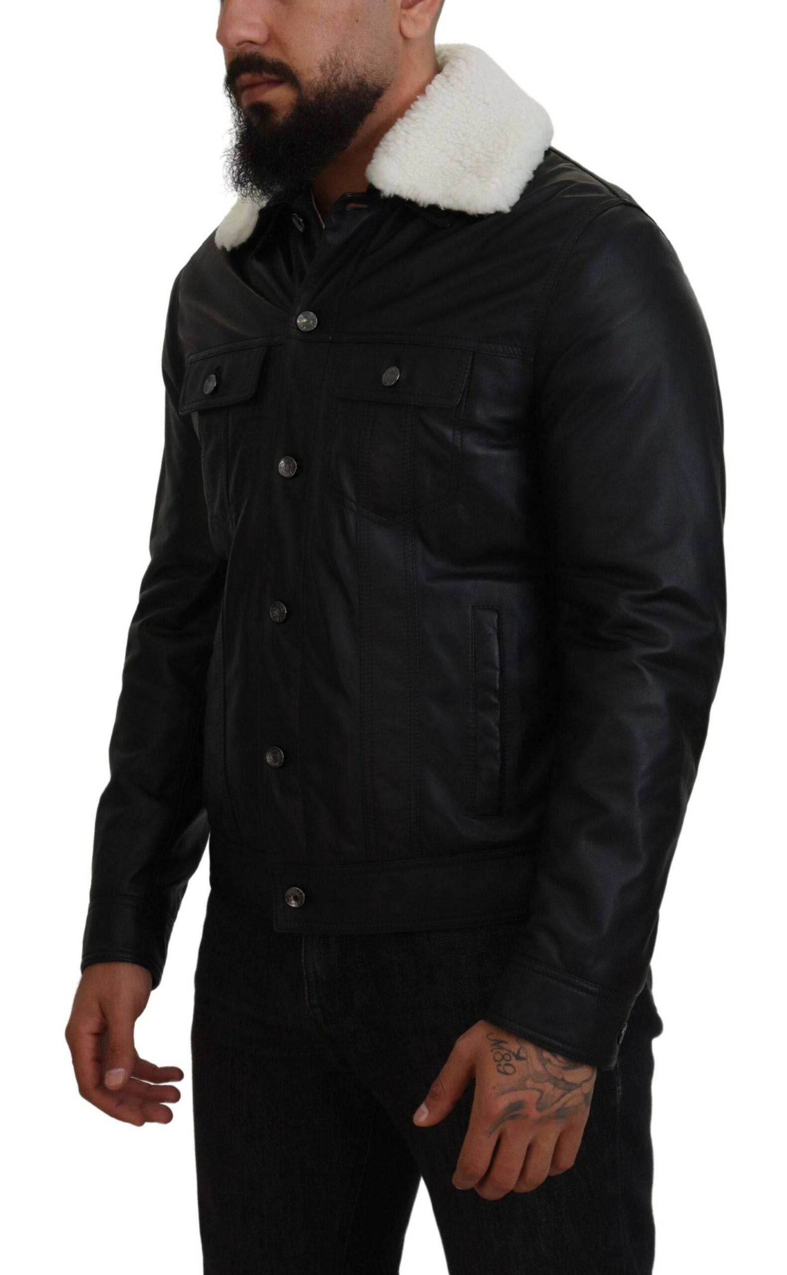 Manteau pour homme Dolce & Gabbana en cuir d'agneau noir avec col, style élégant et sophistiqué.