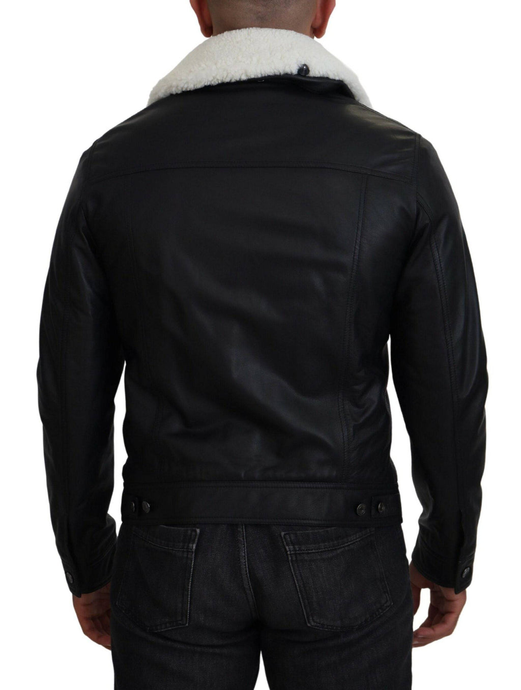 Manteau pour homme en cuir d'agneau noir avec col Dolce & Gabbana, veste élégante en cuir de luxe.