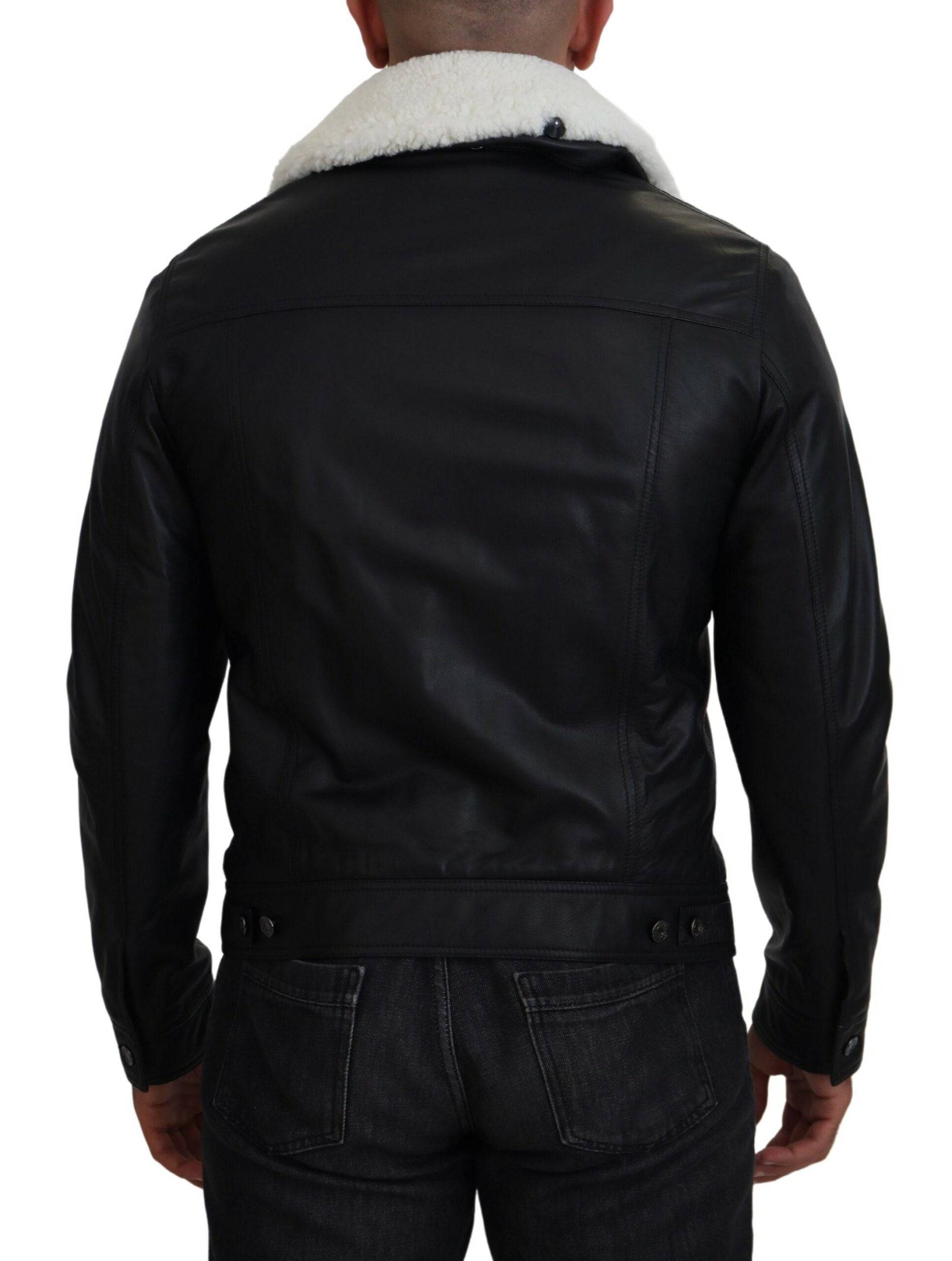Manteau pour homme en cuir d'agneau noir avec col Dolce & Gabbana, veste élégante en cuir de luxe.