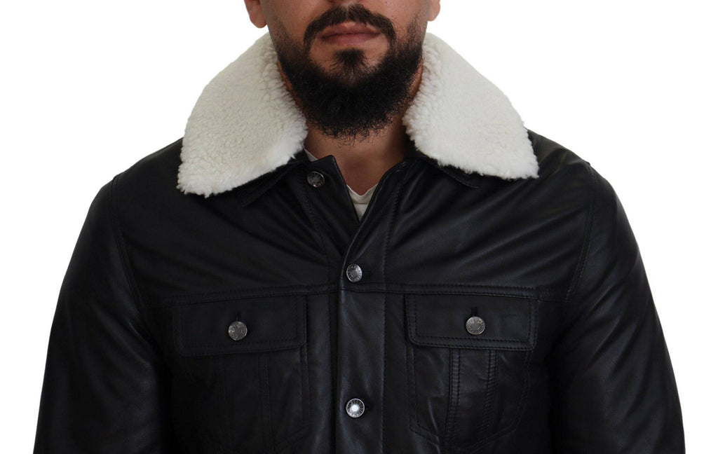 Veste pour homme en cuir d'agneau noir avec col Dolce & Gabbana, style élégant et sophistiqué, vue de face.