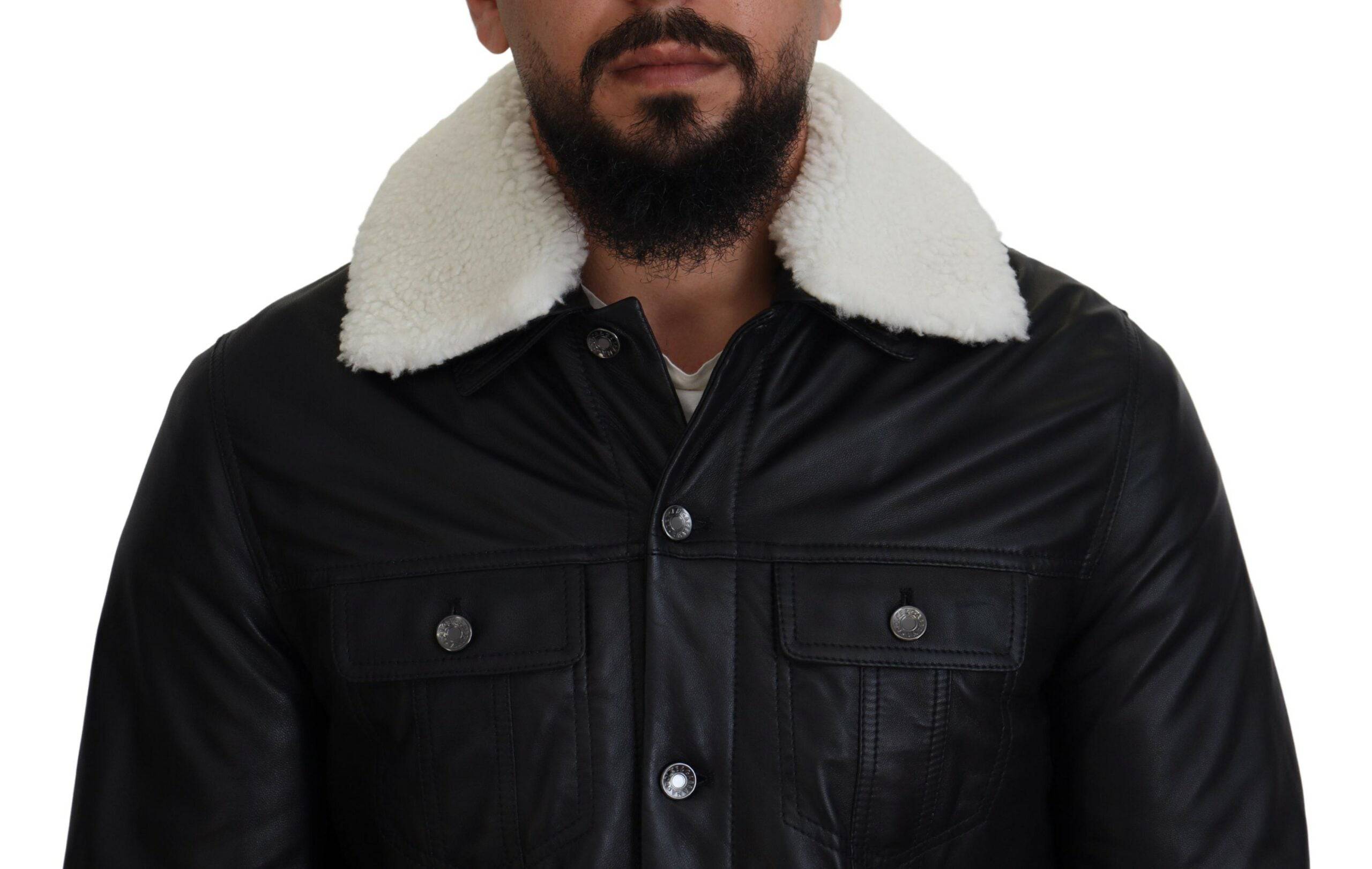 Veste pour homme en cuir d'agneau noir avec col Dolce & Gabbana, style élégant et sophistiqué, vue de face.