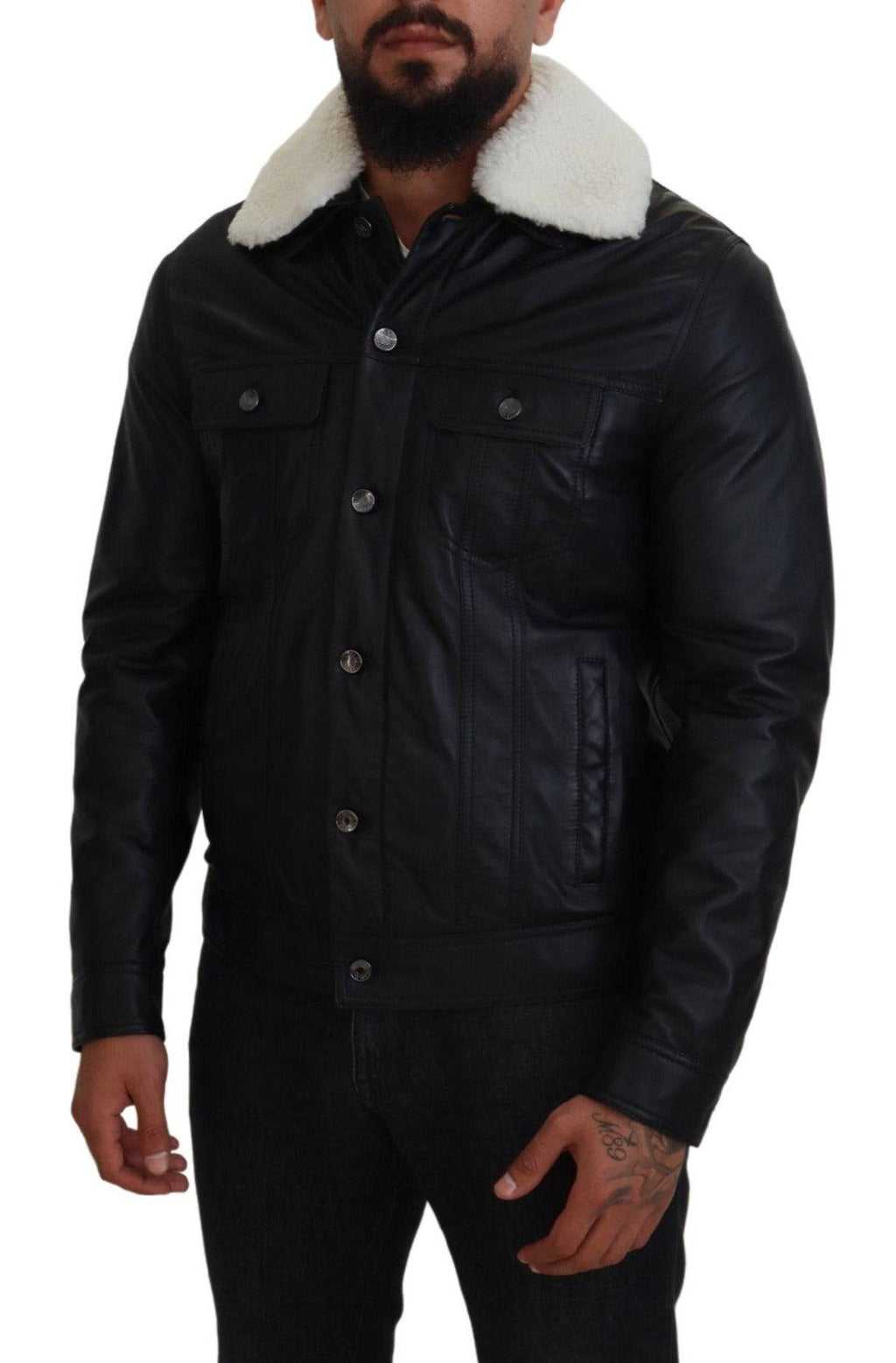 Manteau pour homme en cuir d'agneau noir avec col Dolce & Gabbana, veste élégante en tissu souple.