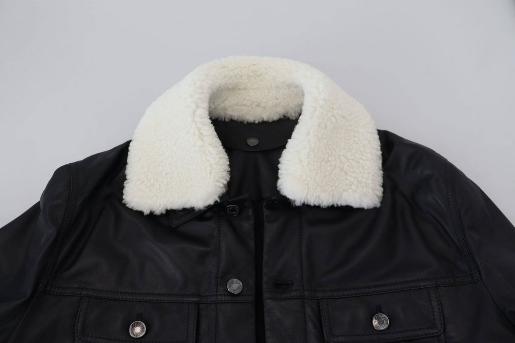 Manteau pour homme Dolce & Gabbana en cuir d'agneau noir avec col, style élégant et coupe moderne.