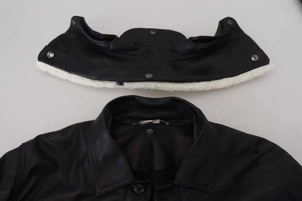Manteau pour homme en cuir d'agneau noir avec col Dolce & Gabbana, veste élégante en cuir noir.