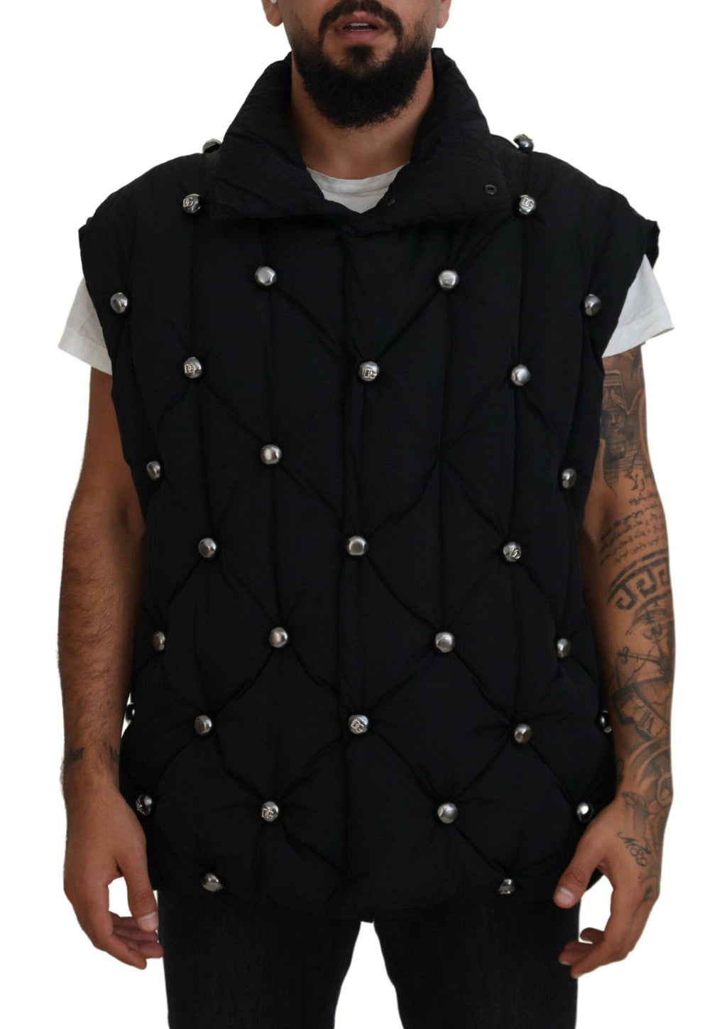 Veste sans manches noire Dolce & Gabbana avec embellissements en métal et détails élégants, vue de face.