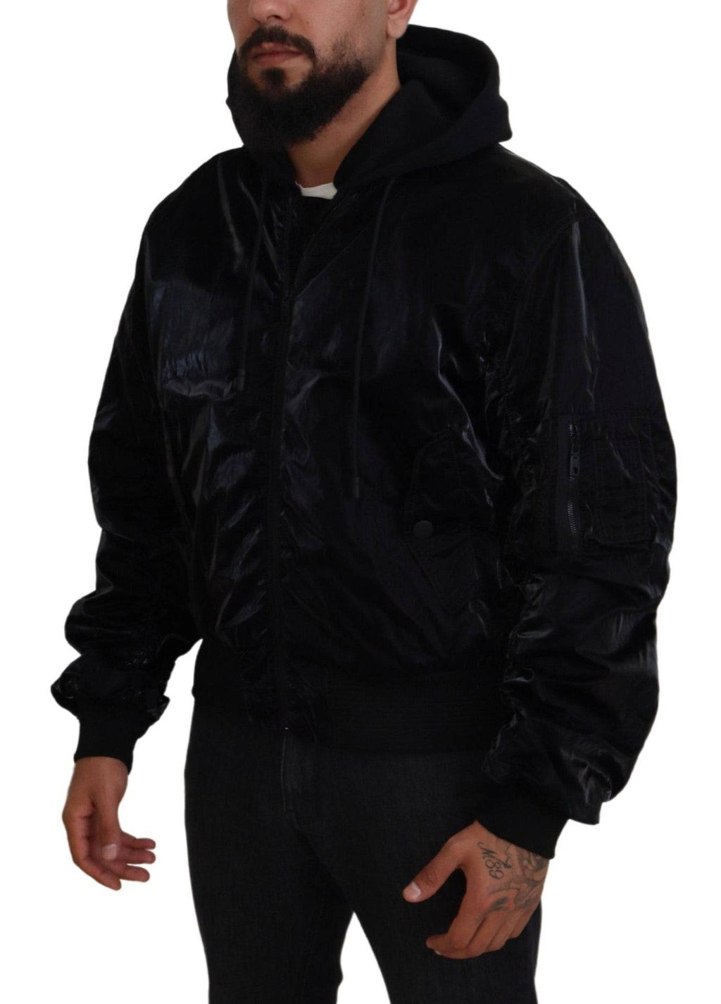 Veste bomber noire en nylon avec capuche et fermeture éclair complète de Dolce & Gabbana.