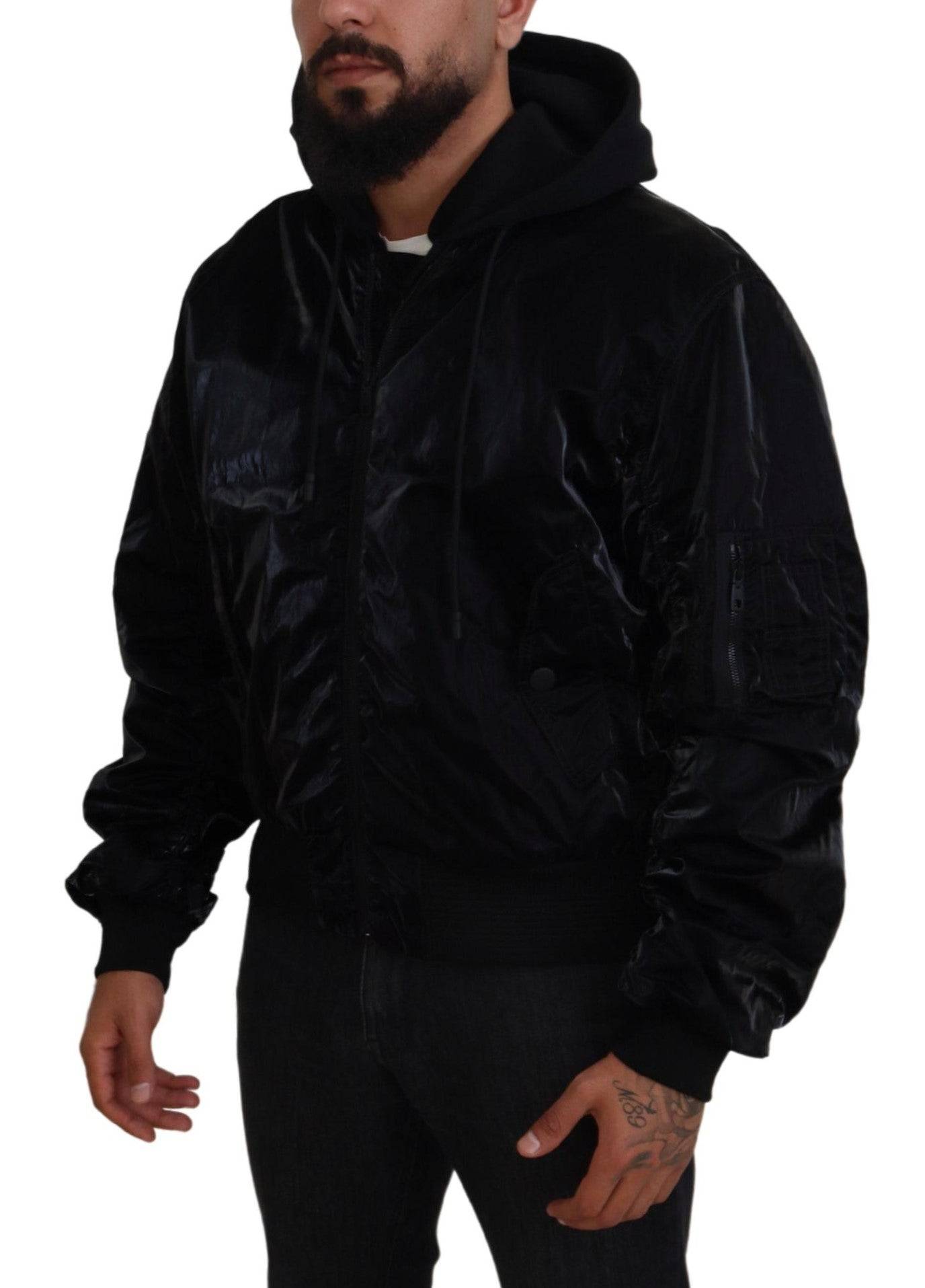 Veste bomber noire en nylon avec capuche et fermeture éclair complète de Dolce & Gabbana.