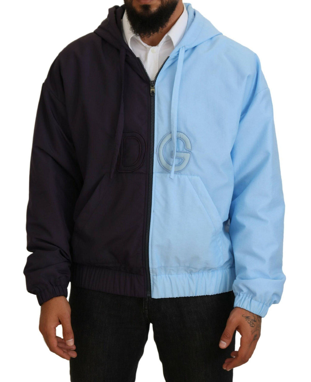 Veste homme Dolce & Gabbana noire et bleue à capuche avec fermeture éclair complète, look décontracté et tendance.