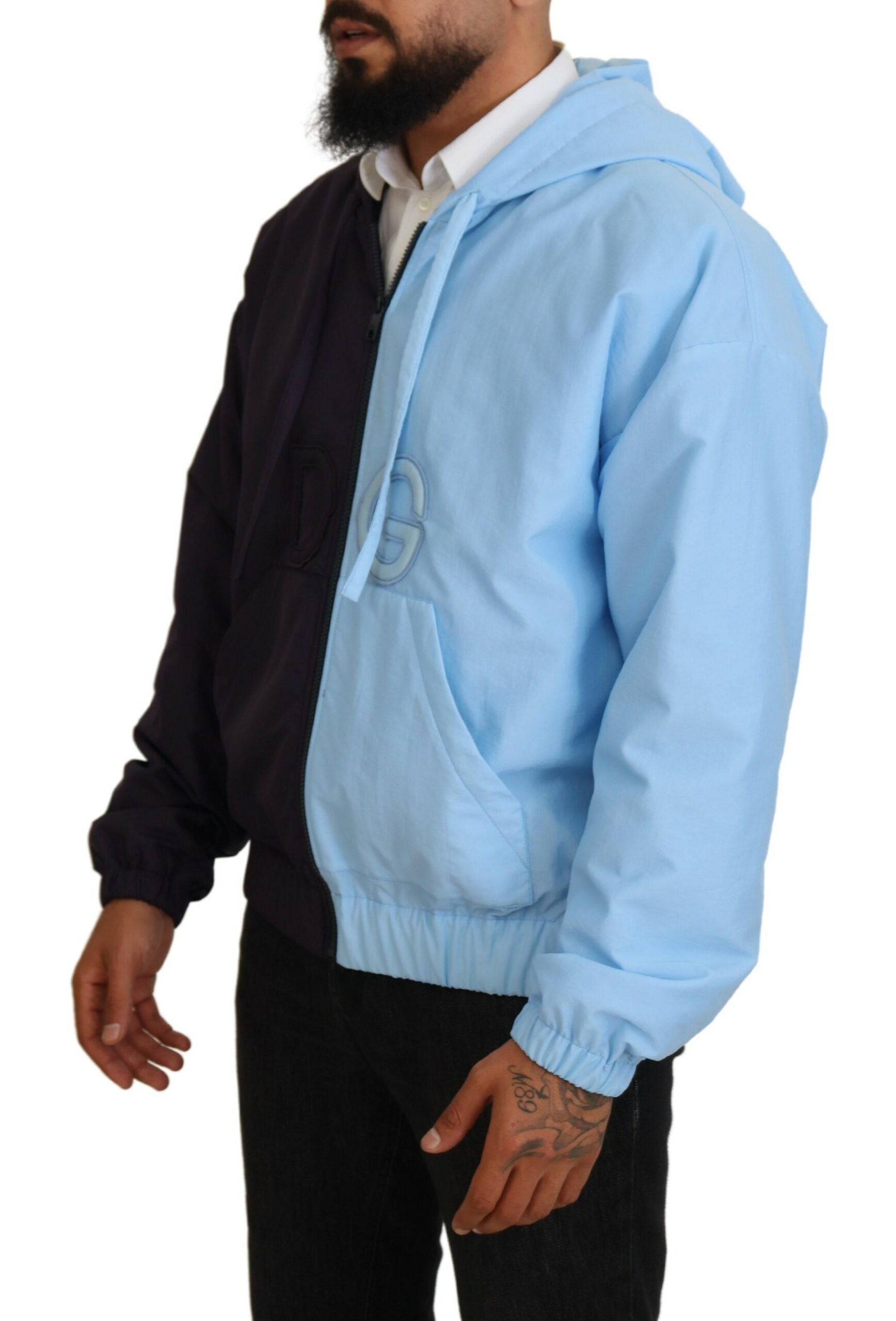 Veste homme Dolce & Gabbana noire et bleue avec capuche, fermeture éclair complète, style décontracté et moderne.
