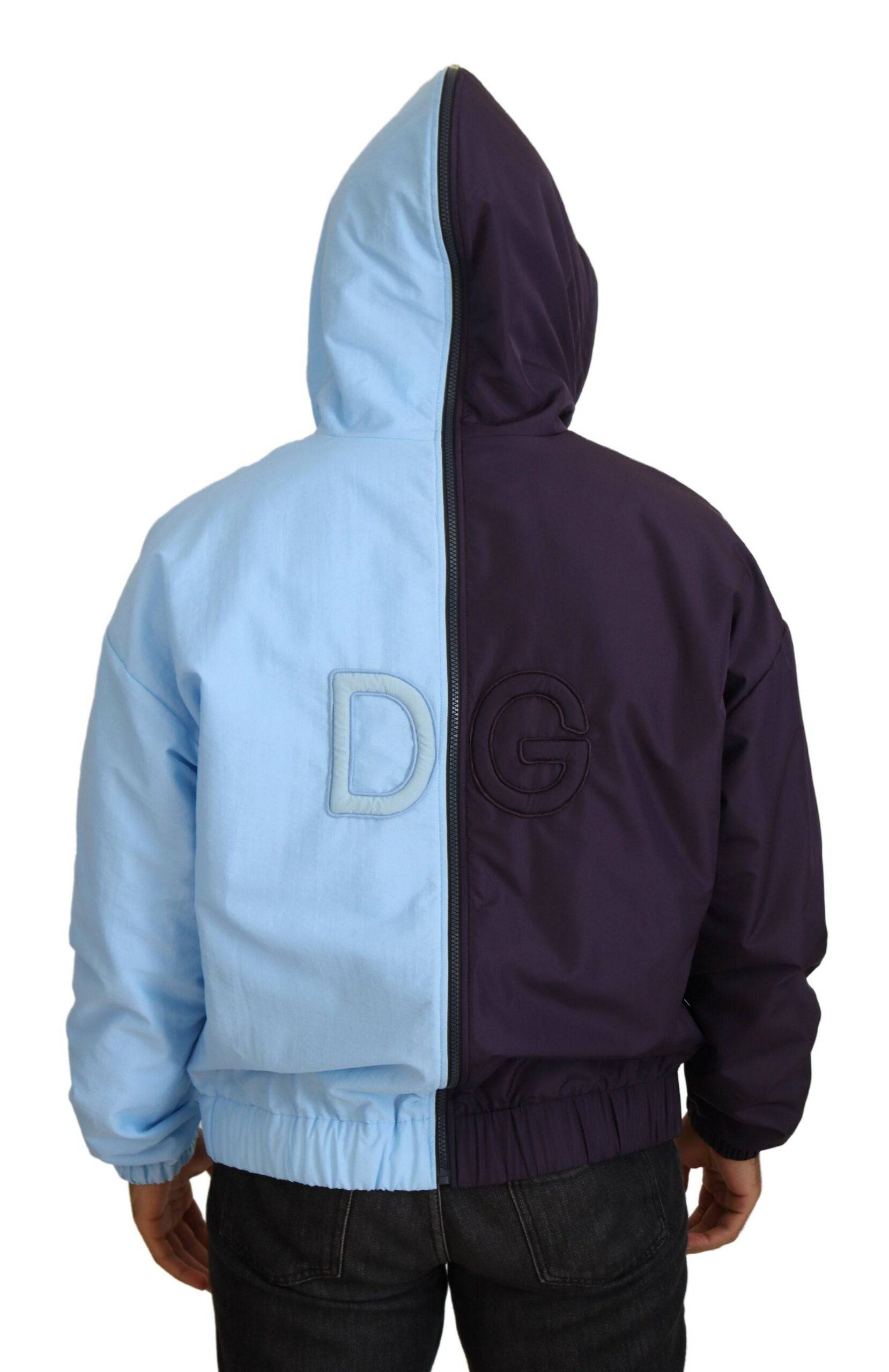 Veste homme Dolce & Gabbana noire et bleue à capuche avec fermeture éclair complète, style décontracté et moderne.
