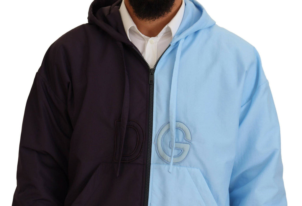 Veste homme Dolce & Gabbana noire et bleue à capuche avec fermeture éclair complète, style décontracté et tendance.