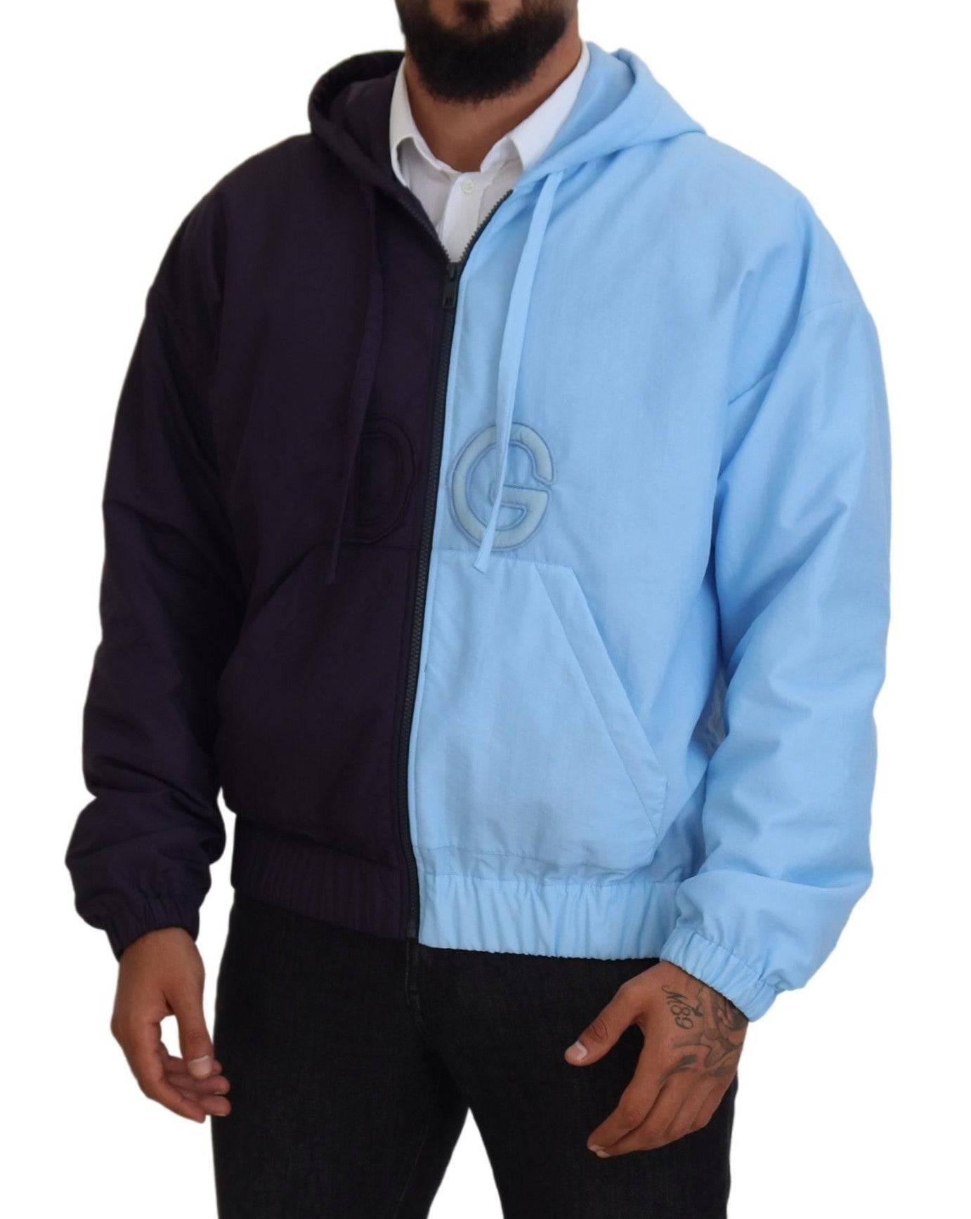 Veste noire et bleue Dolce & Gabbana pour homme avec capuche et fermeture éclair complète, style décontracté et moderne.
