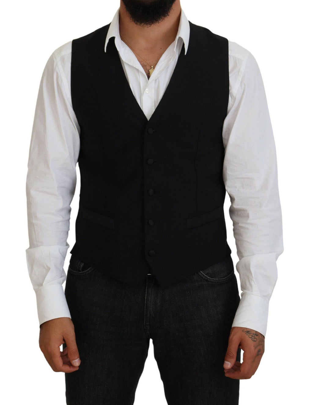 Gilet formel en laine vierge noire de Dolce & Gabbana, veste cintrée élégante pour homme.