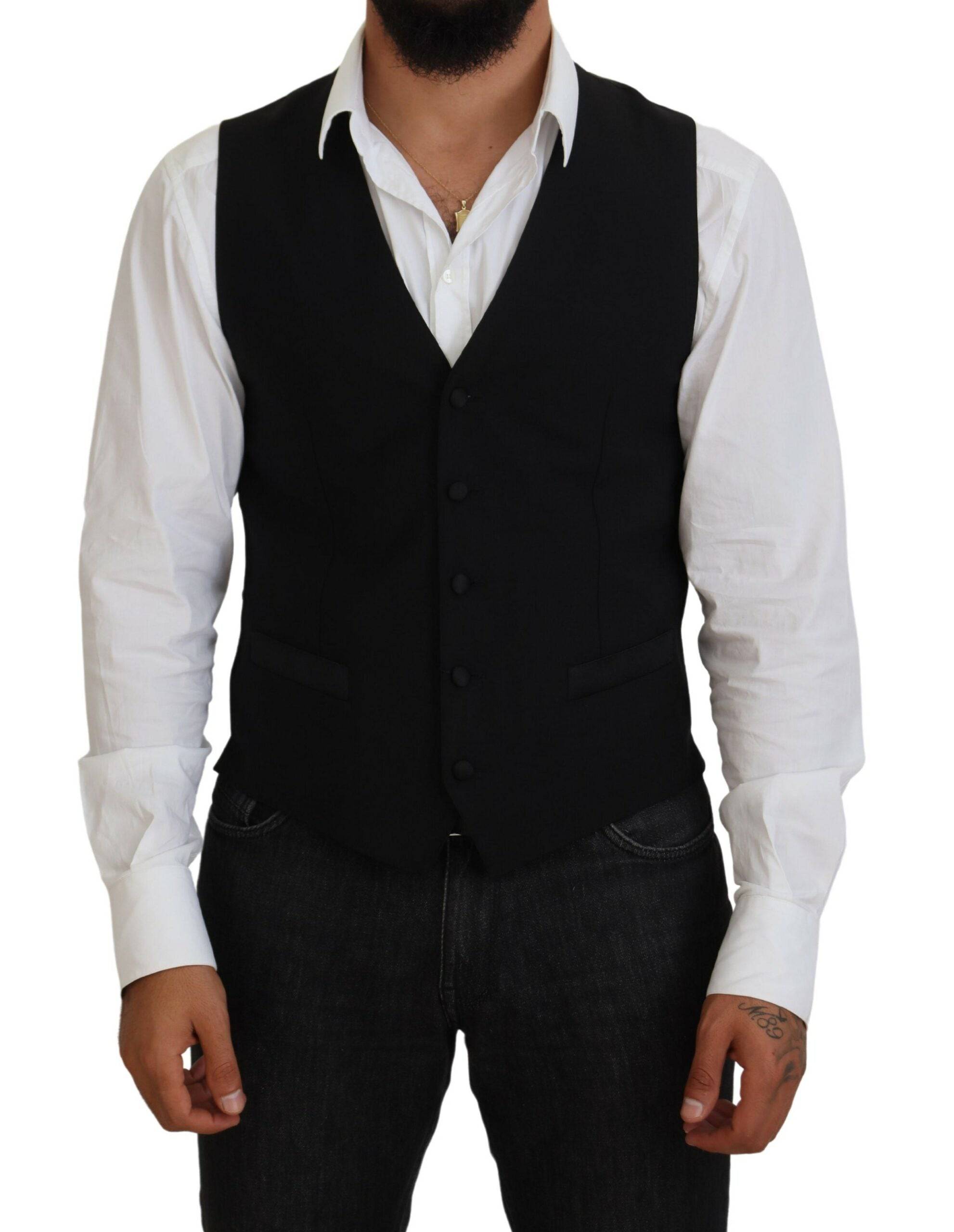 Gilet formel en laine vierge noire de Dolce & Gabbana, veste cintrée élégante pour homme.
