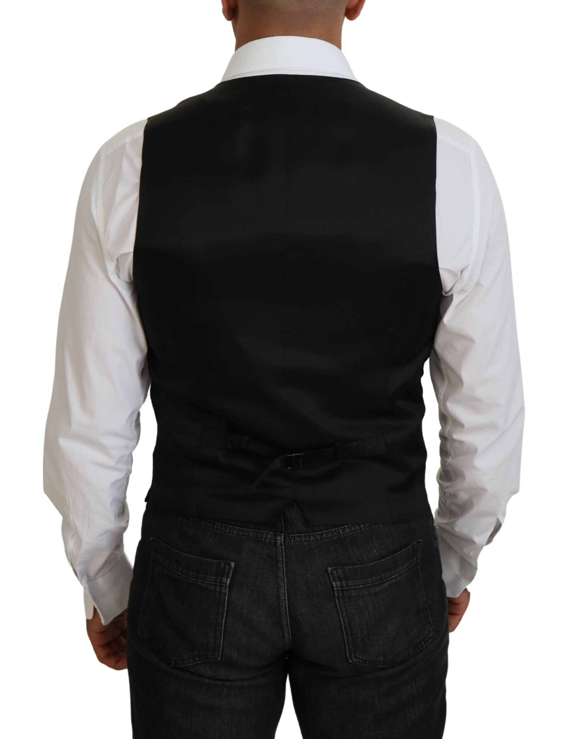 Gilet formel en laine vierge noire de Dolce & Gabbana, veste ajustée élégante pour homme, détail sophistiqué et moderne.