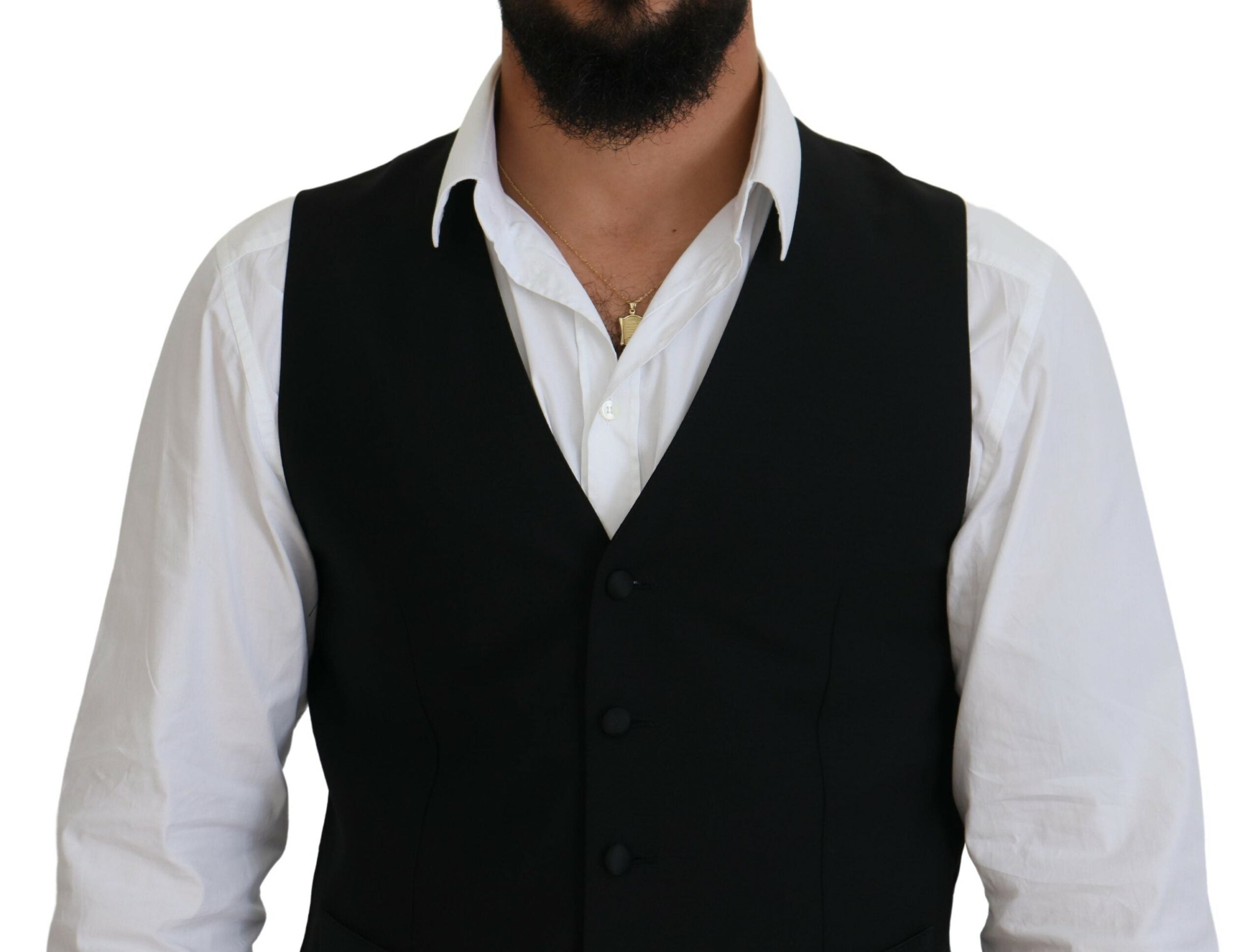 Gilet de costume noir en laine vierge de Dolce & Gabbana, veste formelle élégante et ajustée, avec détails sophistiqués.