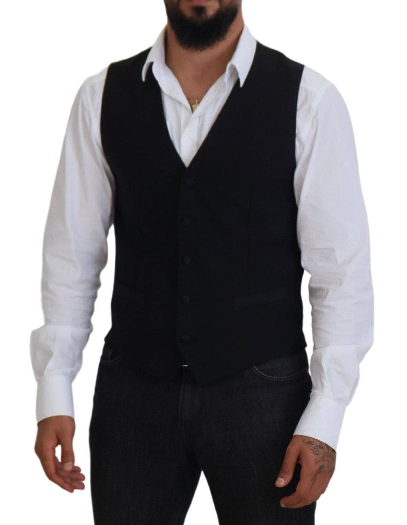 Gilet de costume noir en laine vierge de Dolce & Gabbana, veste formelle élégante avec détails sophistiqués.