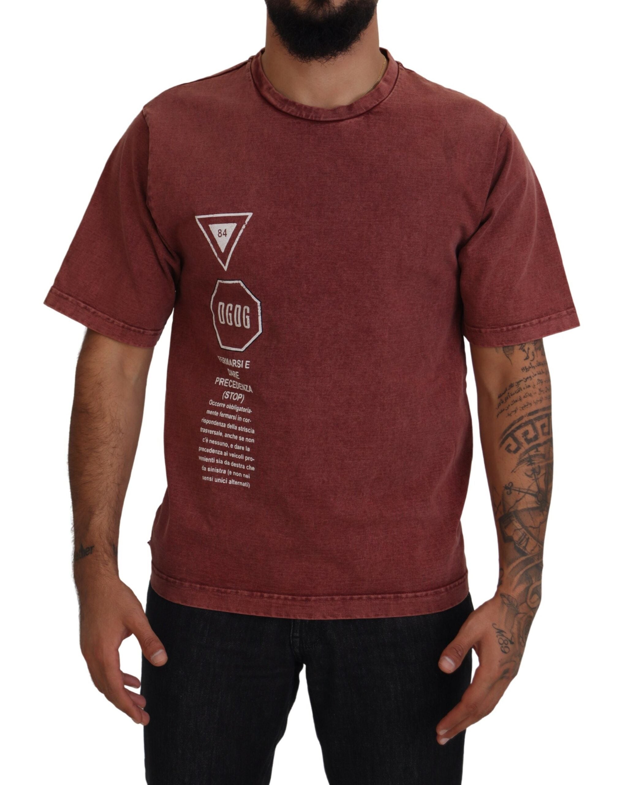 T-shirt Dolce & Gabbana à manches courtes, col rond, imprimé bordeaux, style décontracté, vue de face.