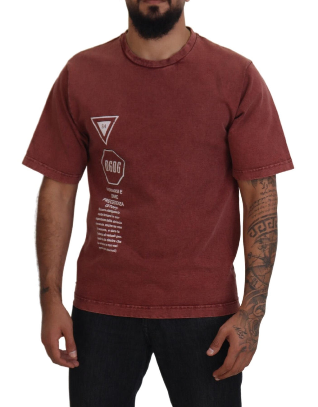 T-shirt à manches courtes Dolce & Gabbana, col rond, imprimé marron rouge, style décontracté, vue de face.