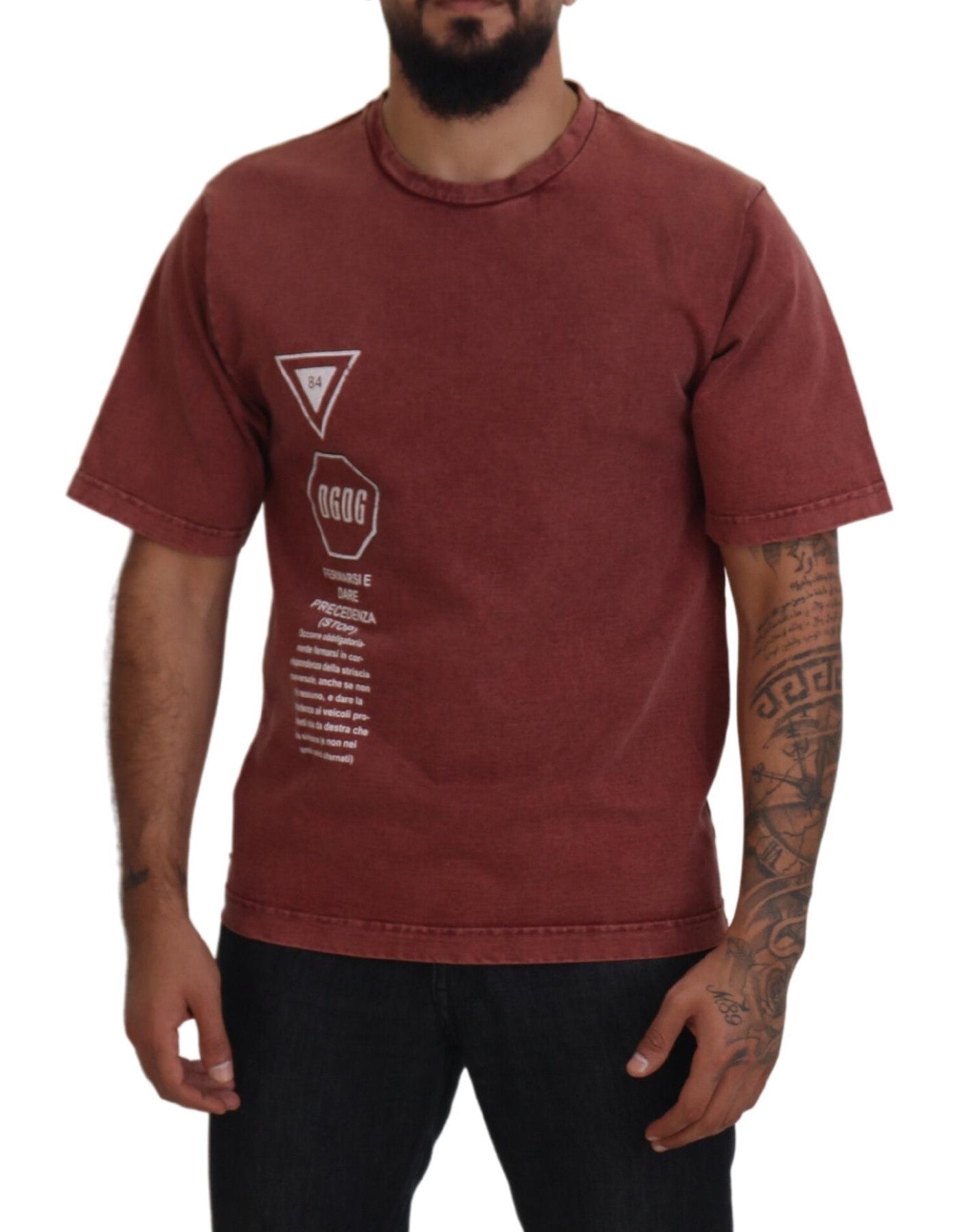 T-shirt à manches courtes Dolce & Gabbana, col rond, imprimé marron rouge, style décontracté, vue de face.