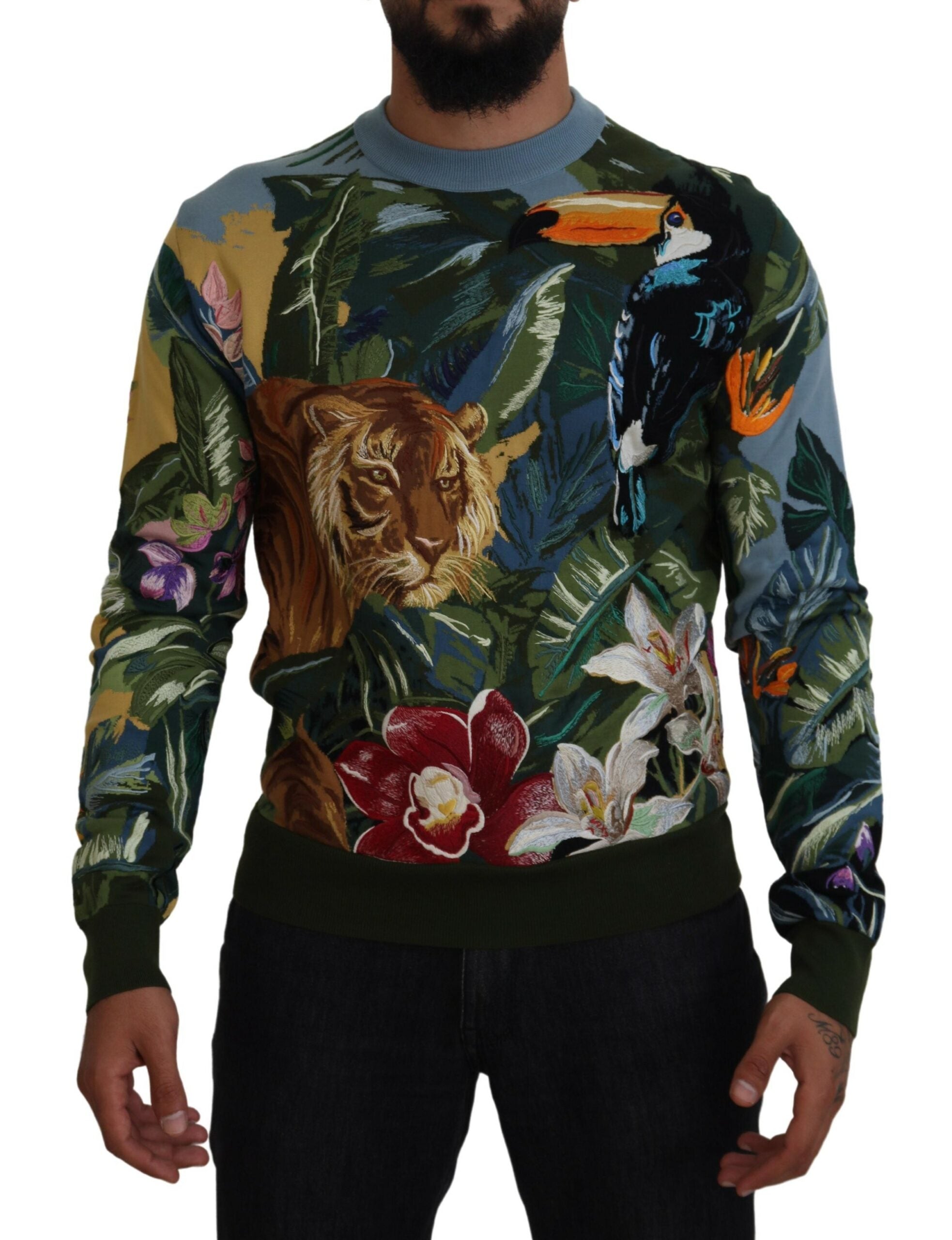 Pull en laine multicolore avec logo Dolce & Gabbana, motif jungle, pull-over élégant pour homme ou femme.