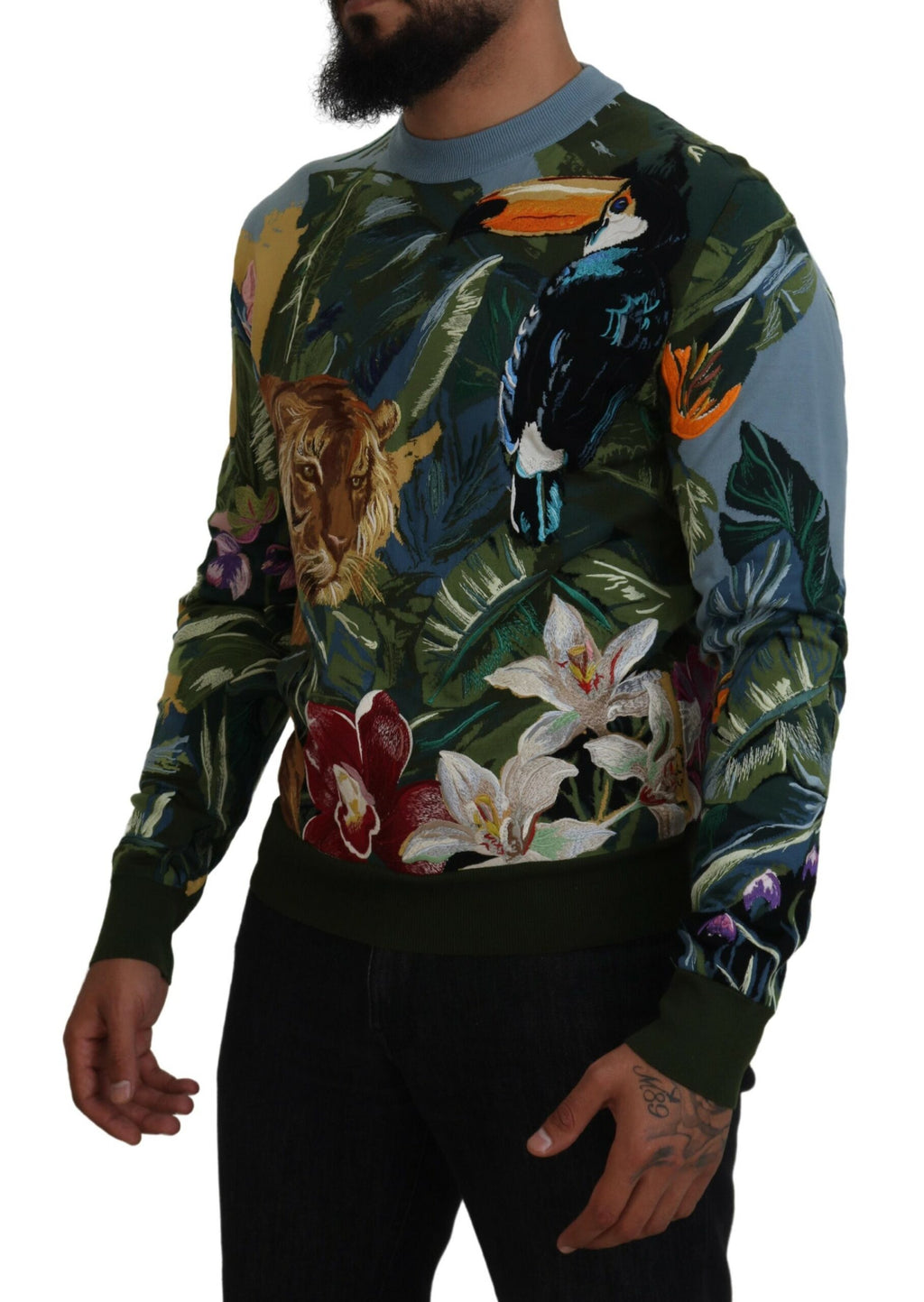 Pull en laine multicolore Dolce & Gabbana Jungle avec logo, détails de style sauvage et look élégant.