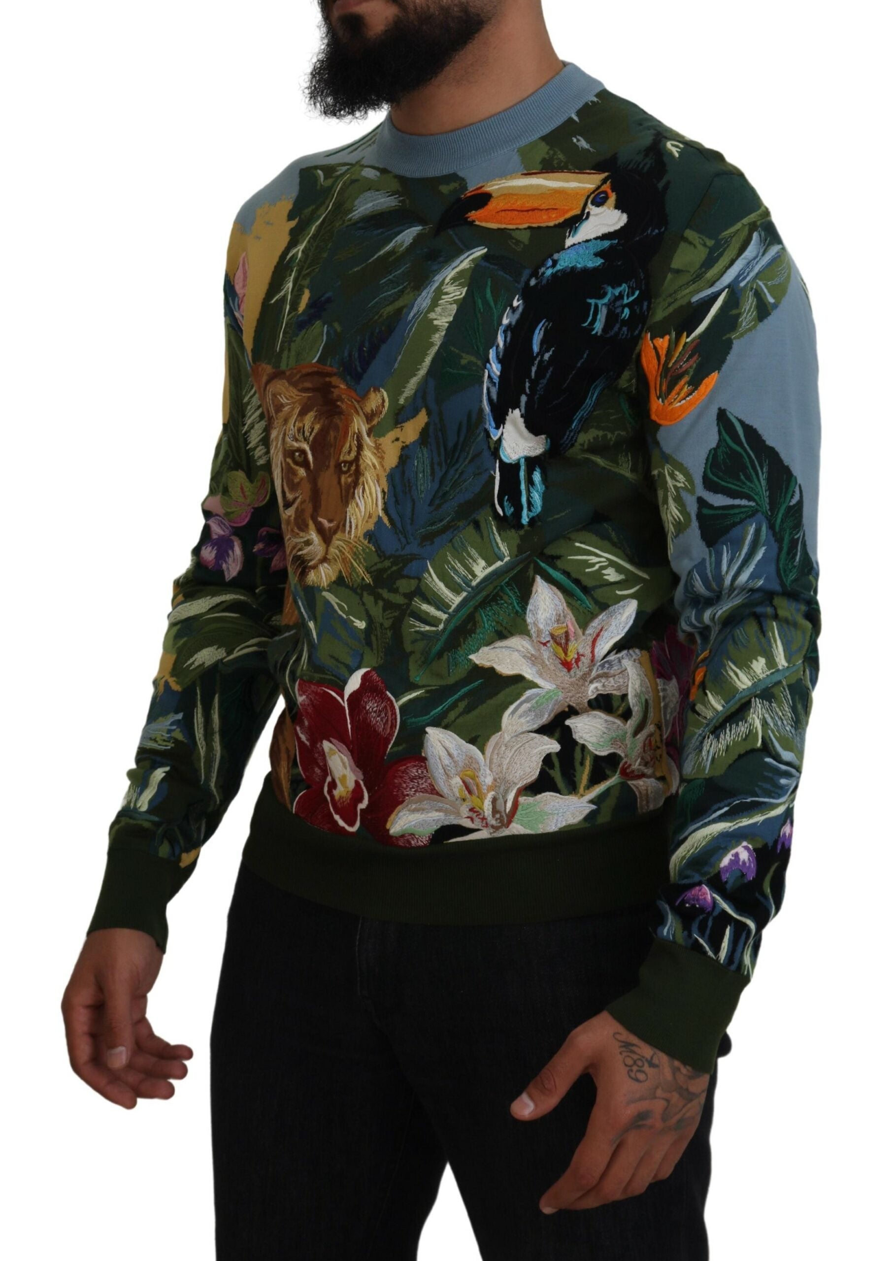 Pull en laine multicolore Dolce & Gabbana Jungle avec logo, détails de style sauvage et look élégant.