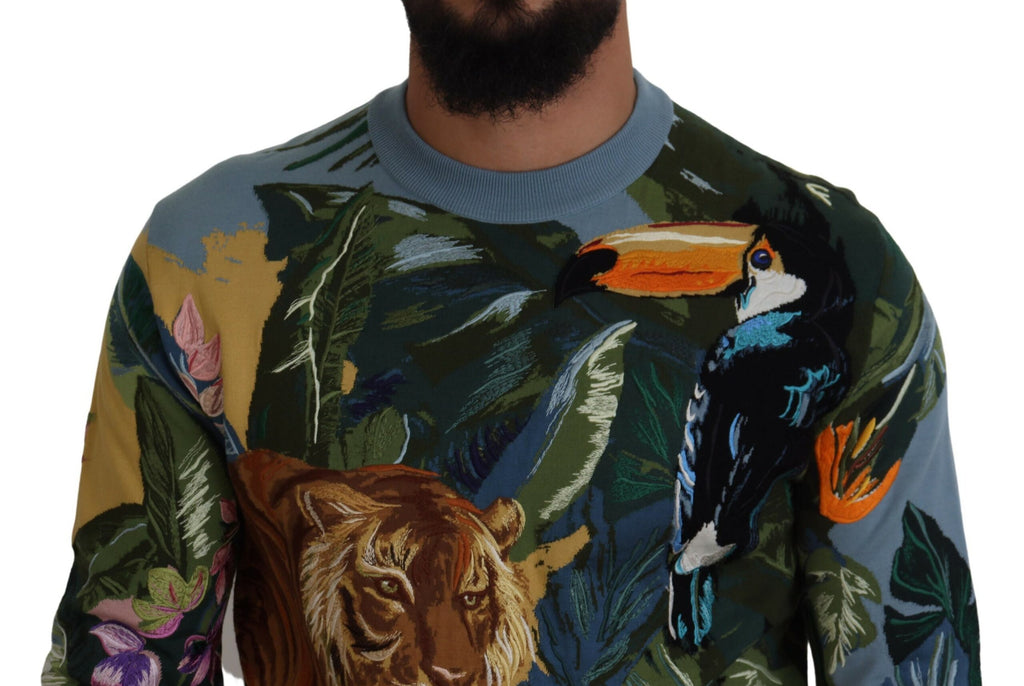 Pull en laine multicolore Jungle avec logo de Dolce & Gabbana, pull-over tendance à motif animalier et logo visible.