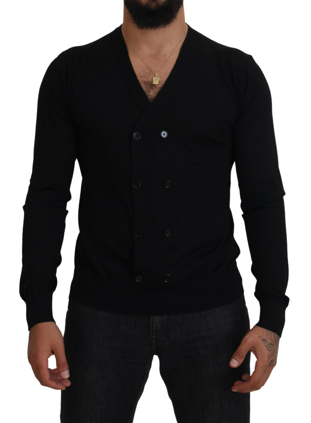 Cardigan en cachemire noir Dolce & Gabbana avec boutons, porté ouvert, détail élégant et doux, parfait pour un look sophistiqué.