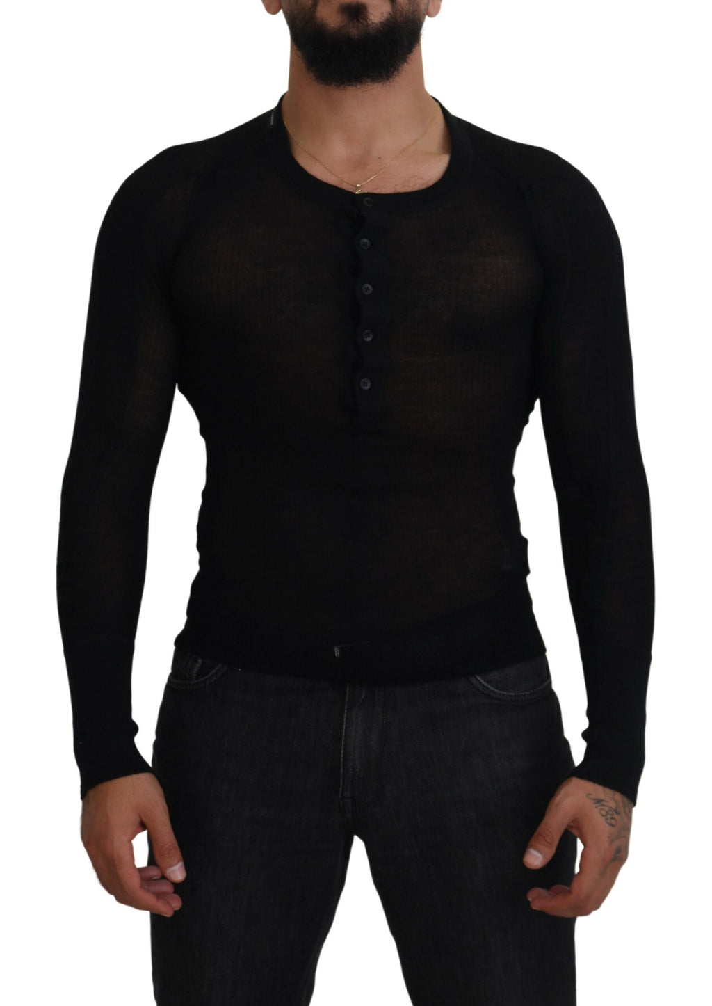 Pull en cachemire noir Dolce & Gabbana avec boutons, vue de face, détails du tissu et style élégant.