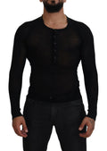 Pull en cachemire noir Dolce & Gabbana avec boutons, vue de face, détails du tissu et style élégant.