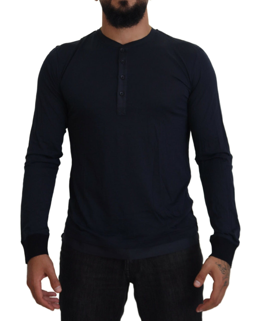 Pull en coton bleu Dolce & Gabbana avec col rond boutonné, vue de face sur le pull.