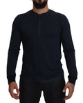 Pull en coton bleu Dolce & Gabbana avec col rond boutonné, vue de face sur le pull.