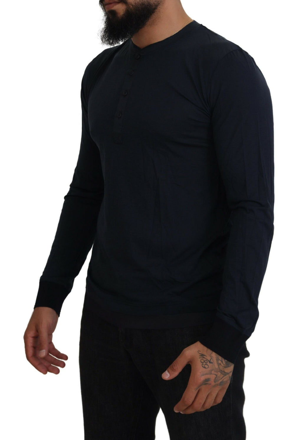 Pull homme Dolce & Gabbana en coton bleu à col rond avec boutons, style décontracté et élégant.