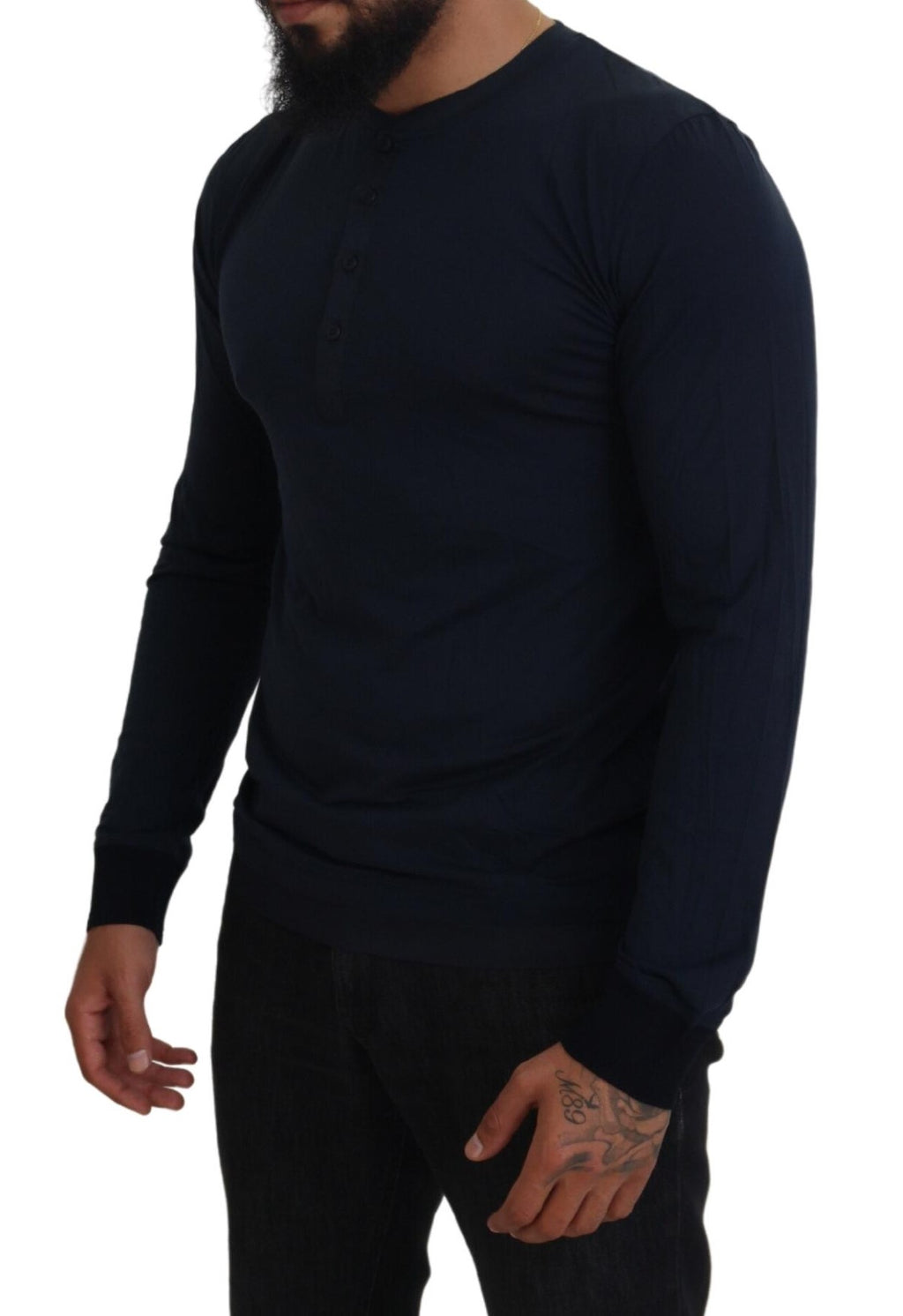 Pull en coton bleu Dolce & Gabbana à col rond avec boutons, vue de face sur le pull.