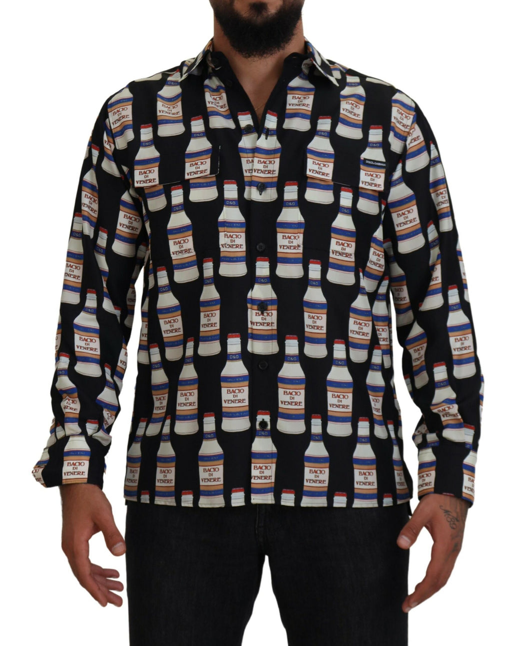 Chemise homme Dolce & Gabbana en soie noire à imprimé, col classique, style casual.