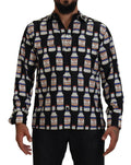 Chemise homme Dolce & Gabbana en soie noire à imprimé, col classique, style casual.