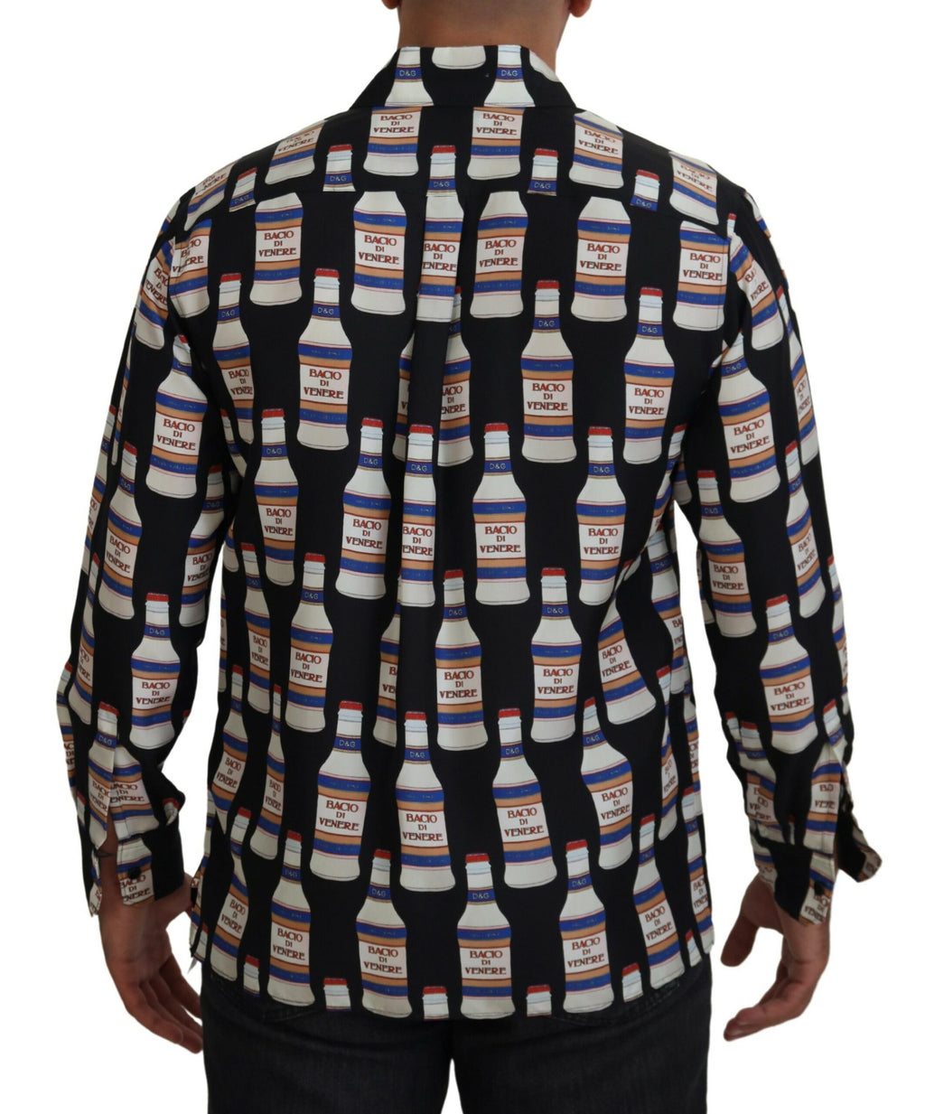 Chemise décontractée pour homme Dolce & Gabbana en soie noire à motifs avec col, élégante et confortable.
