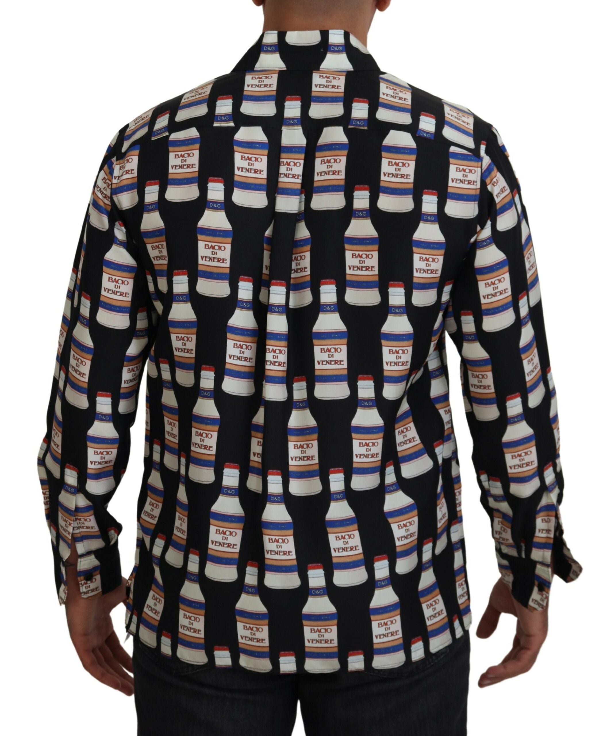 Chemise décontractée pour homme Dolce & Gabbana en soie noire à motifs avec col, élégante et confortable.