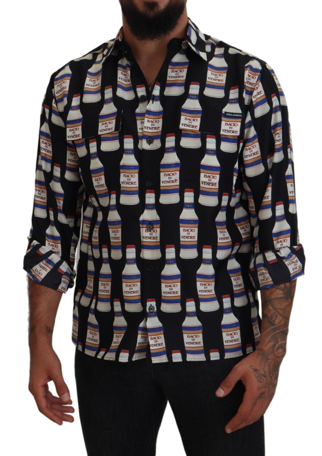 Chemise décontractée pour homme Dolce & Gabbana en soie noire à imprimé et col, vue de face sur fond blanc.