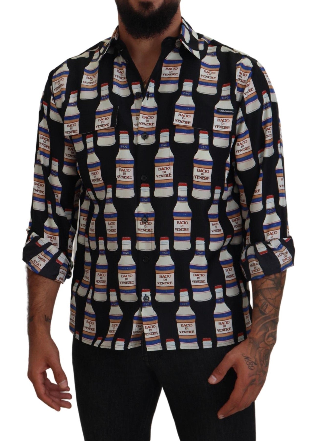 Chemise décontractée pour homme Dolce & Gabbana en soie noire à imprimé et col, vue de face sur fond blanc.