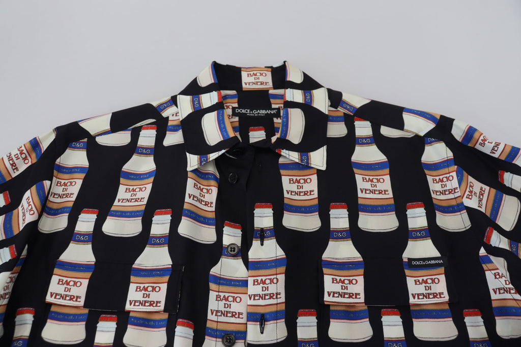 Chemise décontractée pour homme Dolce & Gabbana en soie noire à imprimé et col, élégante et confortable.