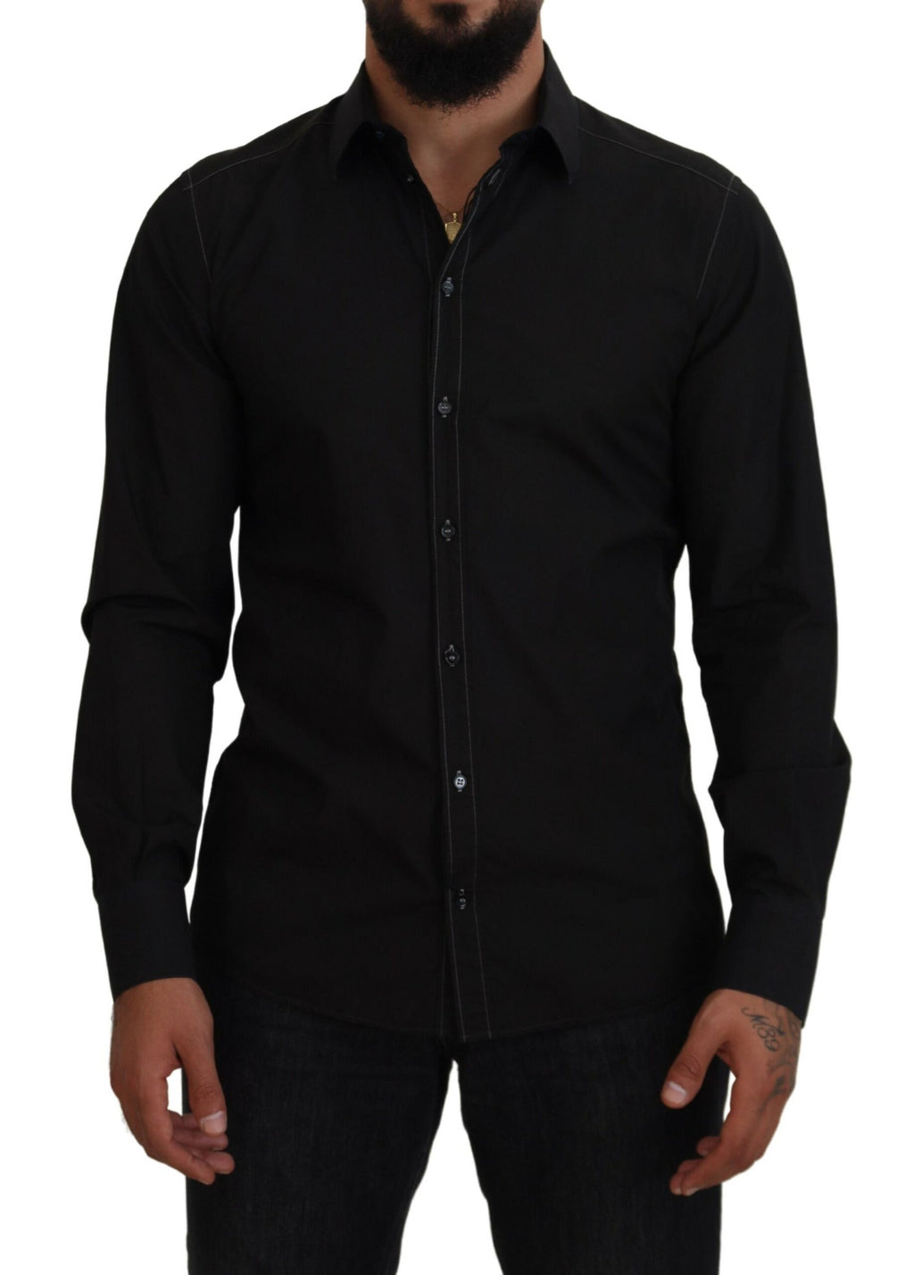 Chemise noire Dolce & Gabbana en coton avec col, manches longues et détails dorés visibles sur l'image.